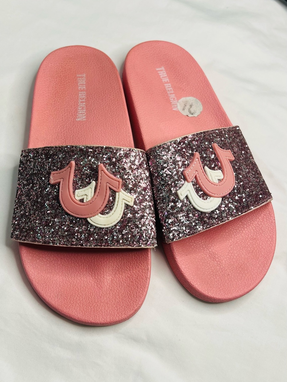 True Religion Pink Glitter Logo Slide Sandals - Picture 2 of 4
